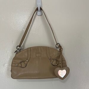Y2K Vintage XOXO Shoulder Bag with Heart Mirror Dangle, Faux Leather, Beige